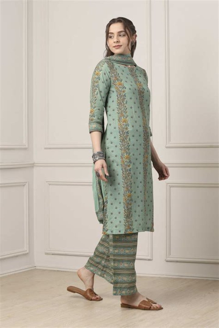 Neha Dharma Sage Green Printed Crop Top and Sharara Set